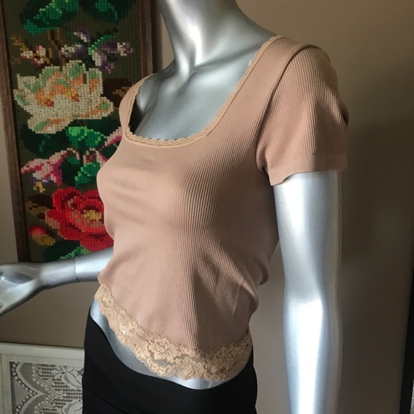 Planet Gold Ribbed Cropped Top Juniors Medium Tan Incense Square Neck Lace-Trim - Picture 5 of 10